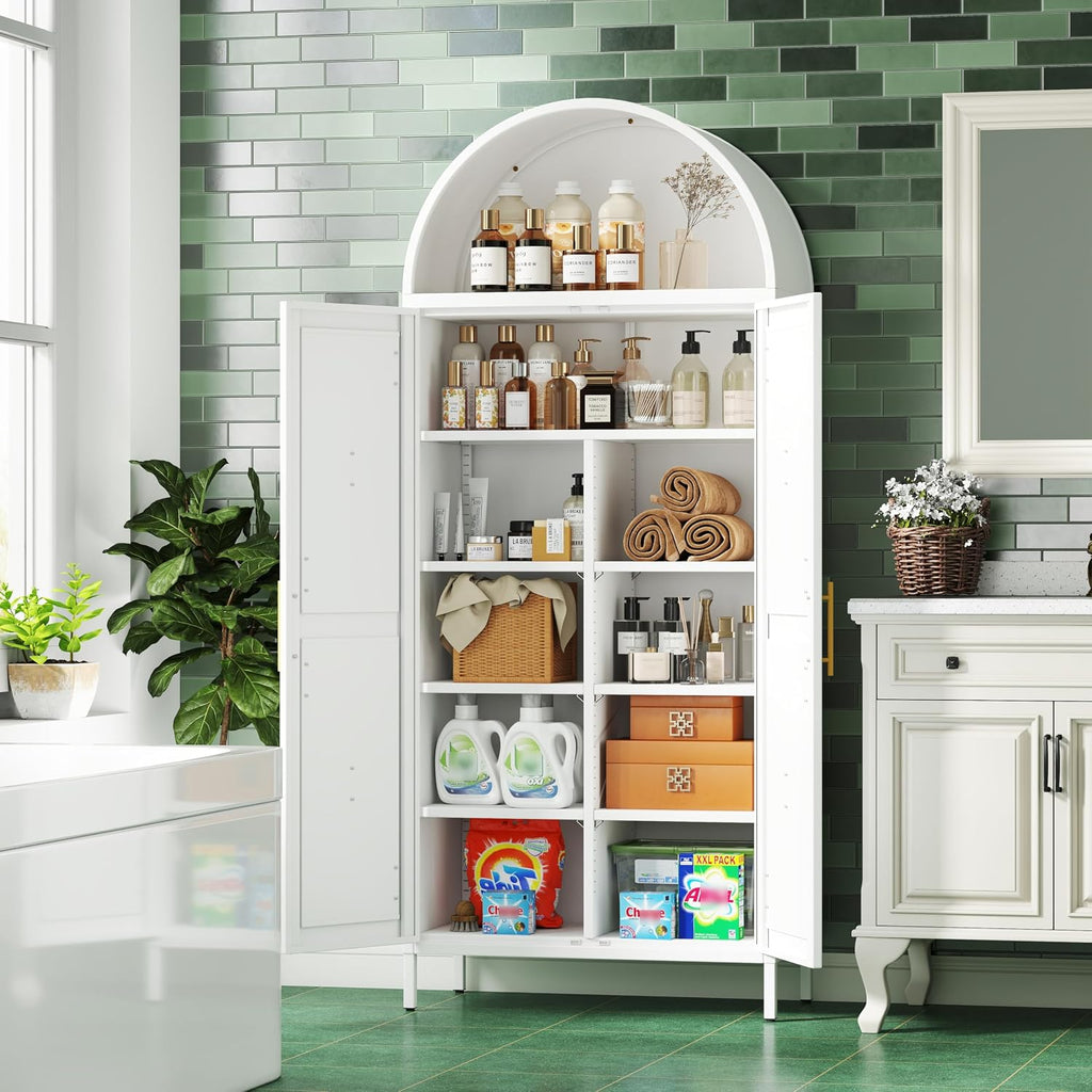 72.8" H White Metal Arched Pantry Cabinet, 30.7" W, 2-Door | Kitchen storage cupboard with 6 adjustable shelves, and anti-tip kit for pantry, dining, laundry, or bath, Assembly Required