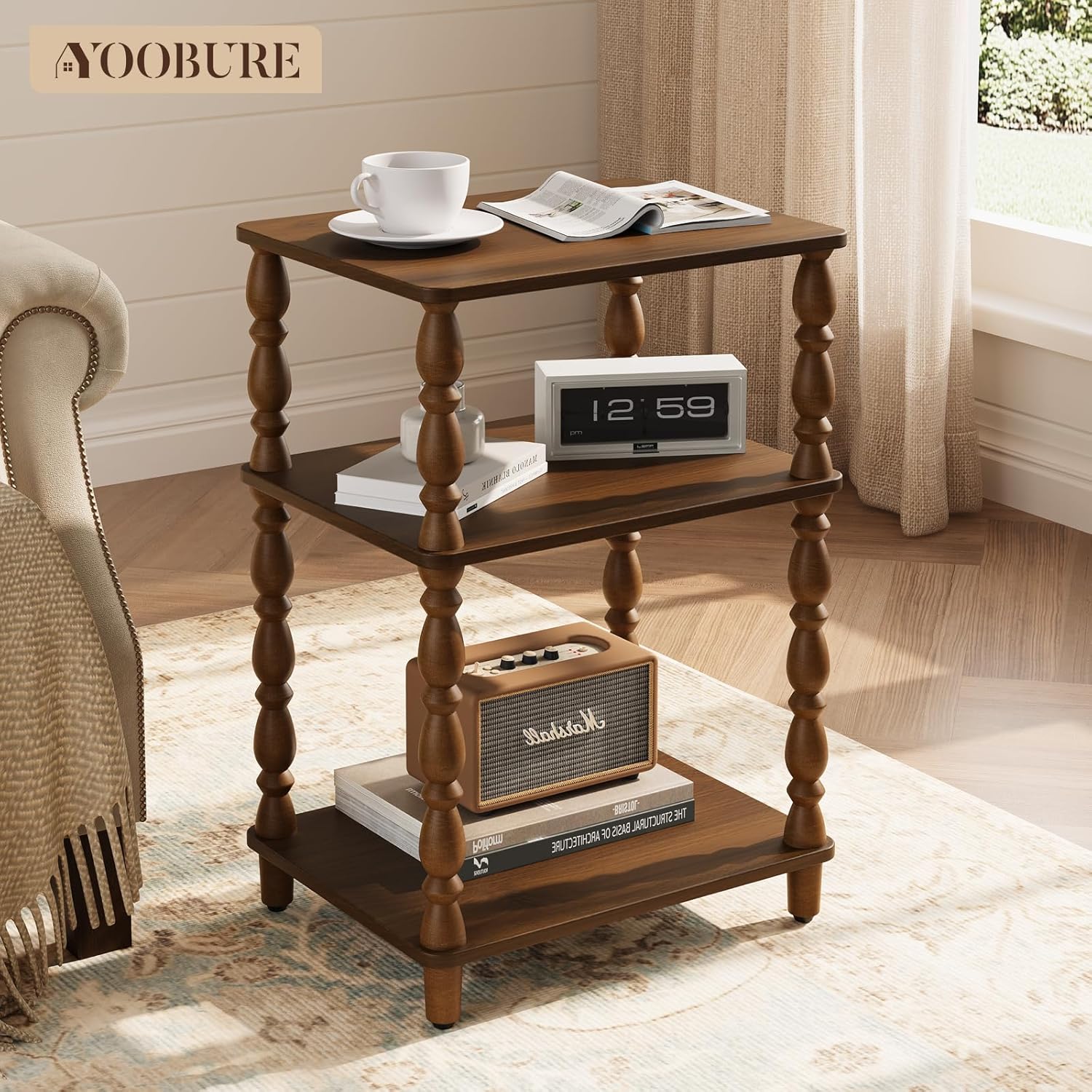 Yoobure Small Side Table - Vintage End Tables Living Room with Spindle Legs, Accent Night Stand with 3-Tier Storage Shelf, Wood Nightstand for Bedroom, Bedside Table for Narrow Spaces, Walnut