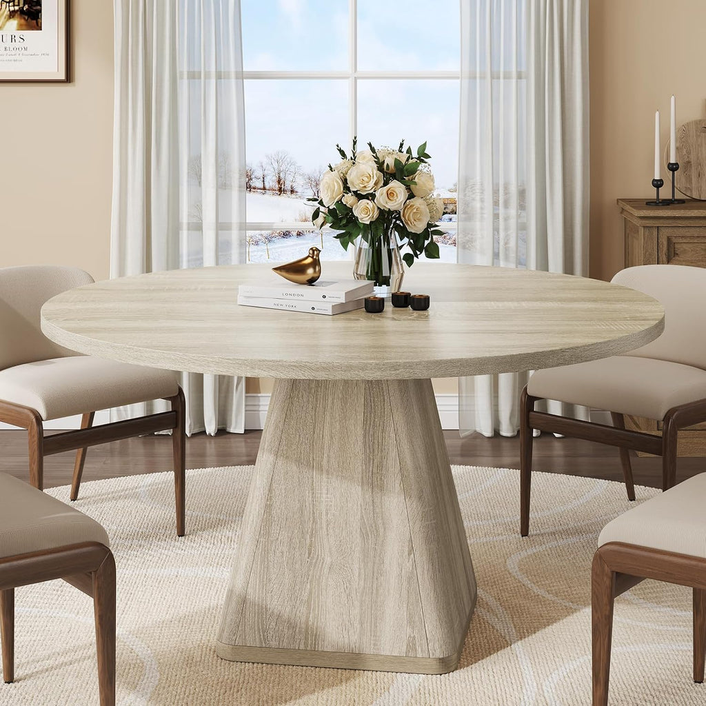 47 Inch Round Dining Table for 4-6, Circle Kitchen Table with Thickened Tabletop, Modern Dining Room Tables with Square Pedestal Base, Dinner Tables for Kitchen Small Space, Oak (Table Only)