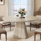 47 Inch Round Dining Table for 4-6, Circle Kitchen Table with Thickened Tabletop, Modern Dining Room Tables with Square Pedestal Base, Dinner Tables for Kitchen Small Space, Oak (Table Only)