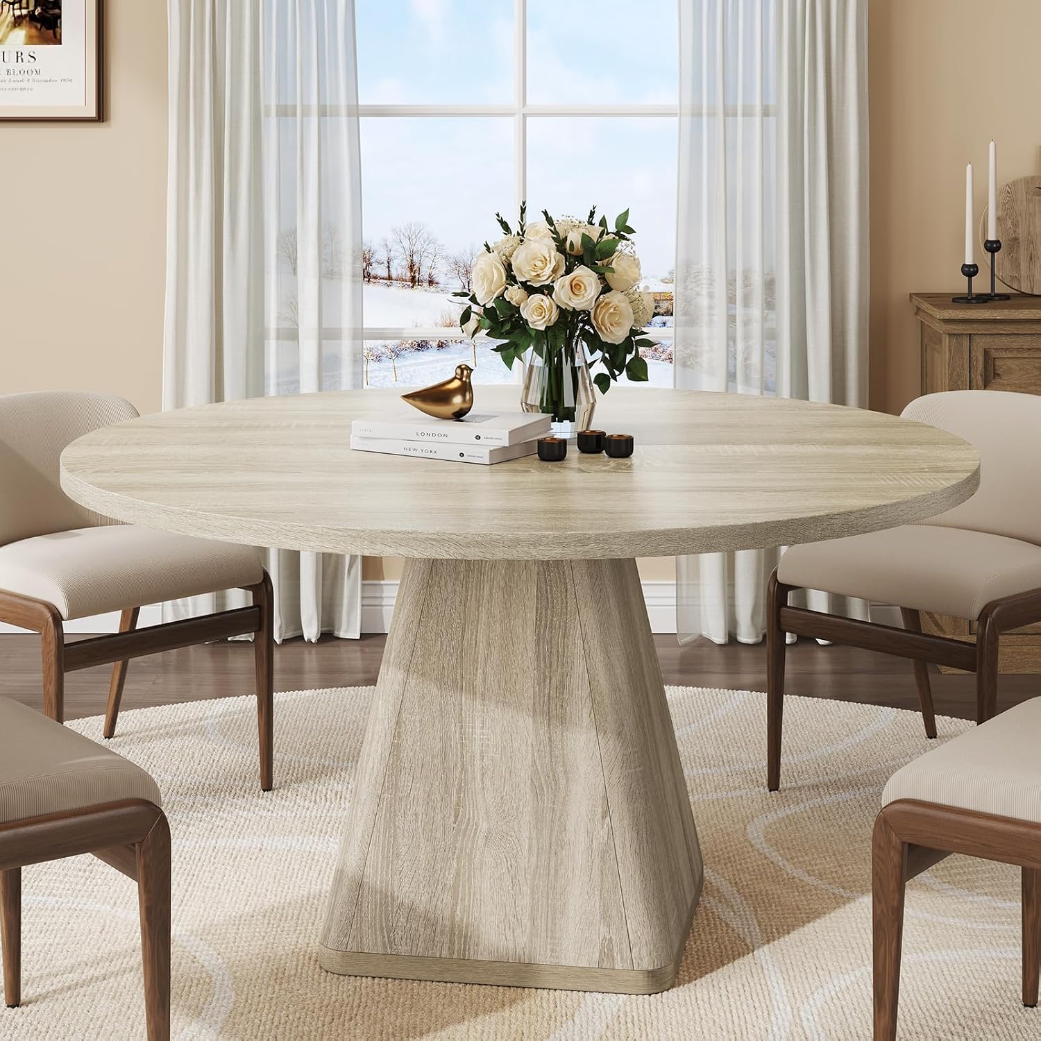 47 Inch Round Dining Table for 4-6, Circle Kitchen Table with Thickened Tabletop, Modern Dining Room Tables with Square Pedestal Base, Dinner Tables for Kitchen Small Space, Oak (Table Only)