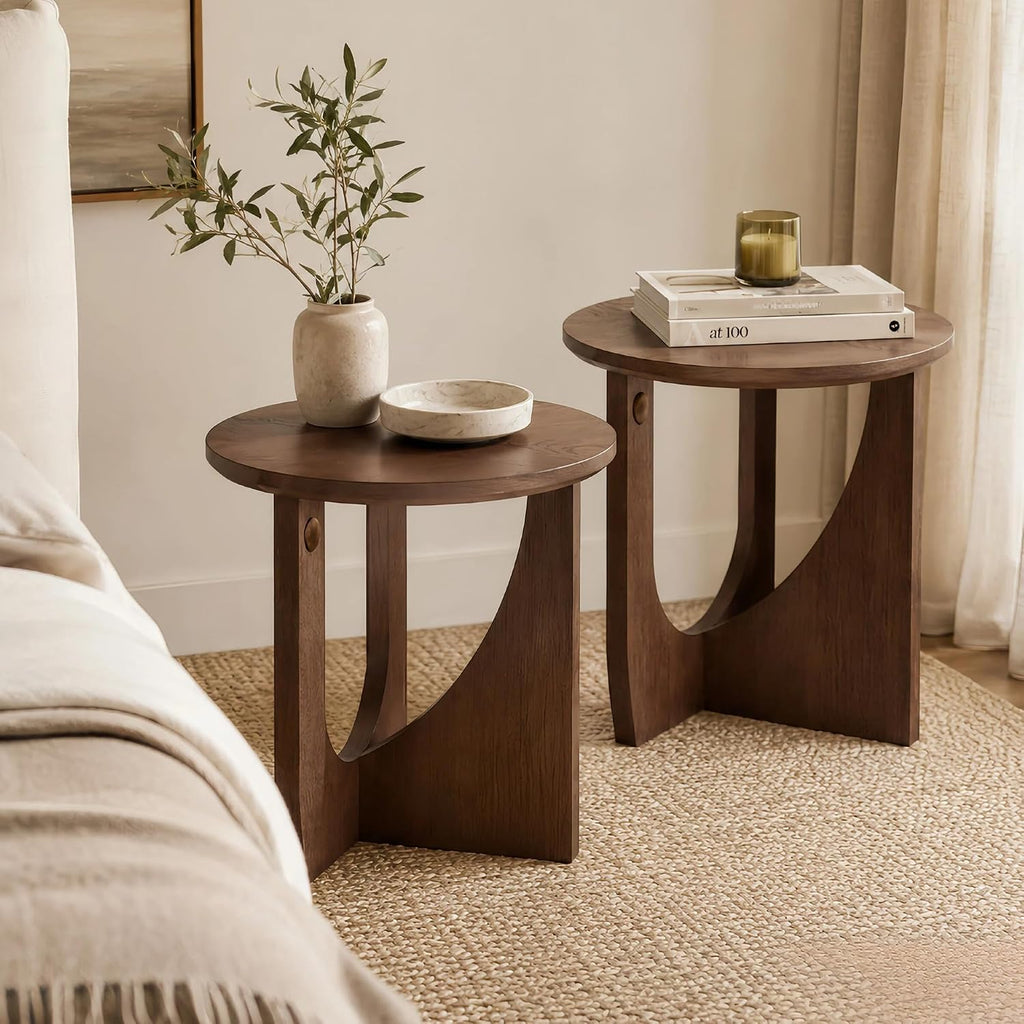 100% Solid Wood Round Side Table Set of 2, 19.7'' Walnut Brown Small End Table, Sofa Side Table with Sculptural Curved Base, Minimalist Accent Table for Living Room, Bedroom, Reading Nook