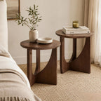 100% Solid Wood Round Side Table Set of 2, 19.7'' Walnut Brown Small End Table, Sofa Side Table with Sculptural Curved Base, Minimalist Accent Table for Living Room, Bedroom, Reading Nook