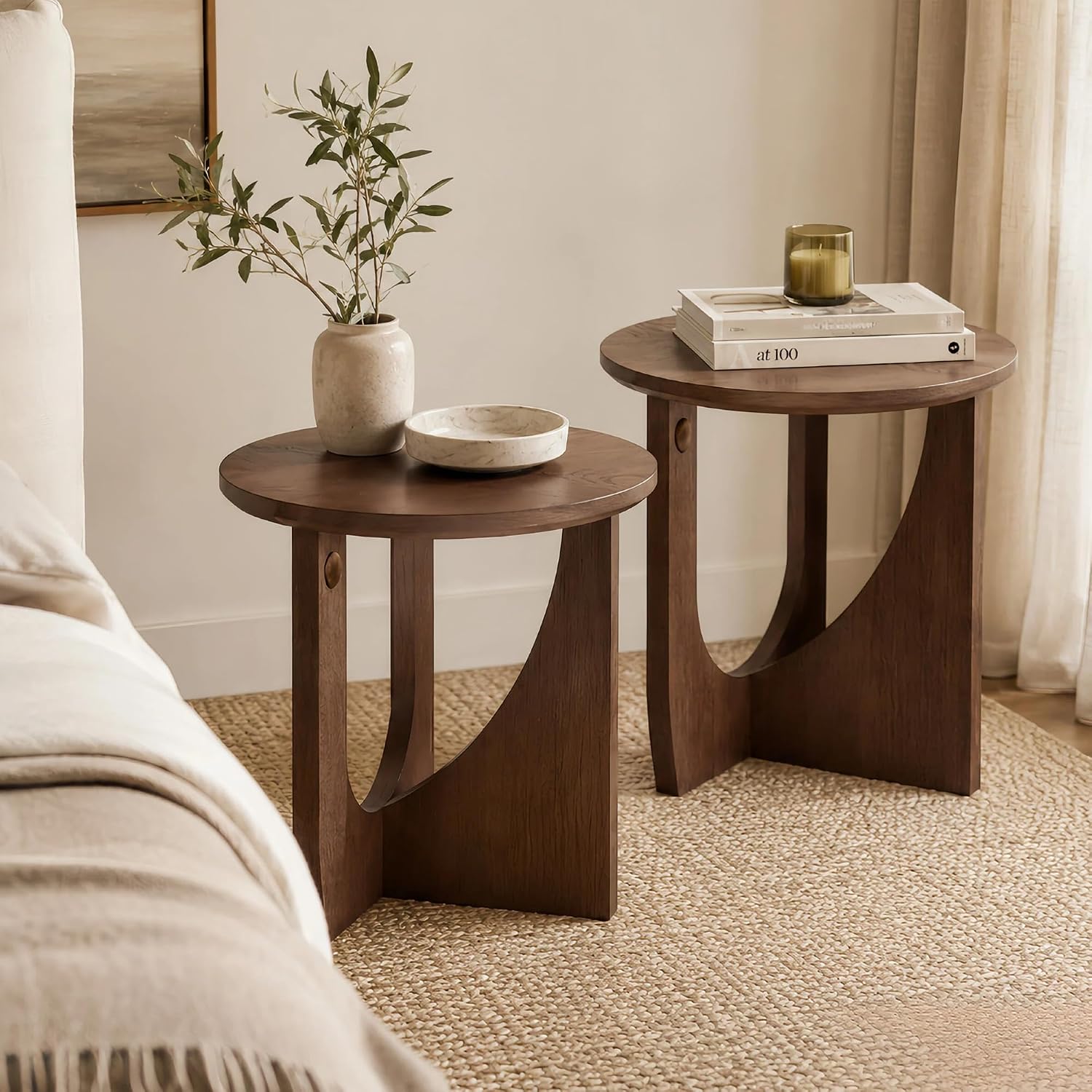 100% Solid Wood Round Side Table Set of 2, 19.7'' Walnut Brown Small End Table, Sofa Side Table with Sculptural Curved Base, Minimalist Accent Table for Living Room, Bedroom, Reading Nook