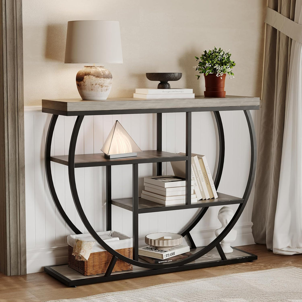 Garvee Entryway Table with Storage, Industrial 4-Tier Narrow Console Table Behind Couch with Half-Circle Base & Storage Shelves for Living Room, Hallway, Foyer