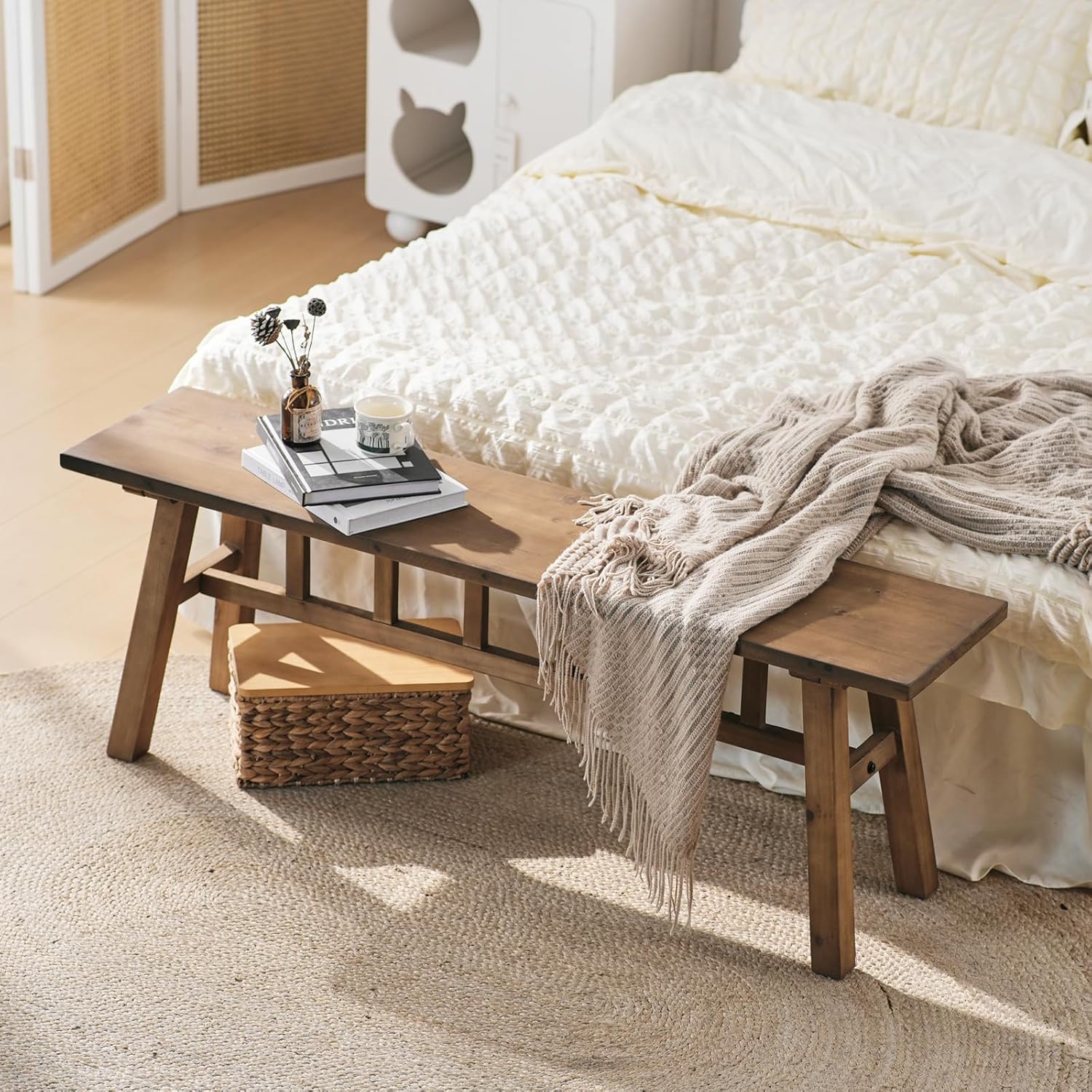 Wnutrees 51.2" Solid Wood Bench, Farmhouse Rustic Entryway Bench Seat for Dining Room, Hallway, End of Bed, Handcrafted Finish, Natural