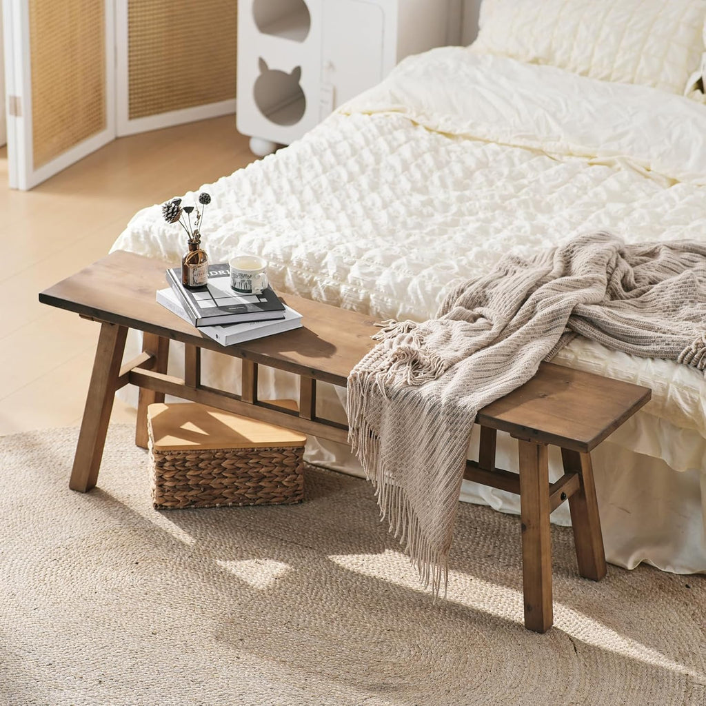 Wnutrees 51.2" Solid Wood Bench, Farmhouse Rustic Entryway Bench Seat for Dining Room, Hallway, End of Bed, Handcrafted Finish, Natural