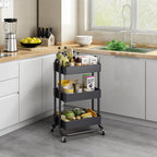 MIOCASA 3-Tier Metal Utility Rolling Cart, Heavy Duty Multifunction Cart with Lockable Casters, Easy to Assemble, Suitable for Office, Bathroom, Kitchen, Garden (Dark Gray, 3-Tier-Metal)