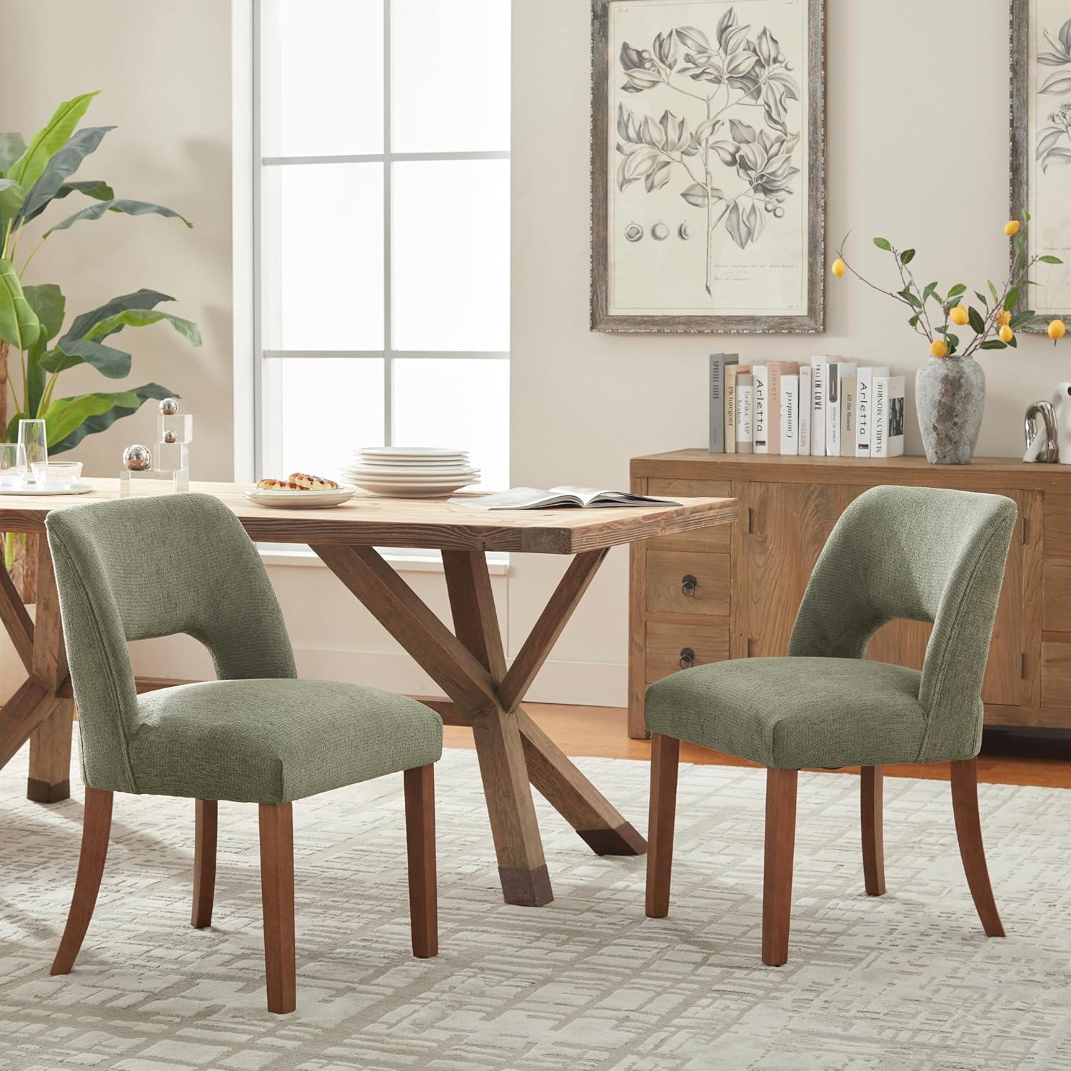 VKNOW Wooden Dining Chairs Set of 2, Modern Fabric Upholstered Dining Room Chair Kitchen Chairs, Farmhouse Dinner Chair for Kitchen Dining Room, Green