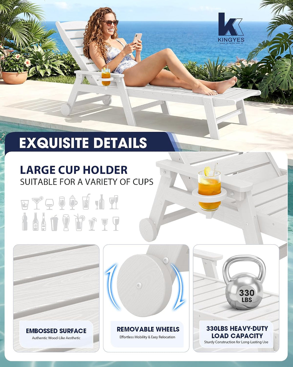 KINGYES HDPE Lounge Chair Outdoor Set of 2, Patio Chaise Lounge Recliner with Cup Holder All Weather Pool Lounger for Outside, White