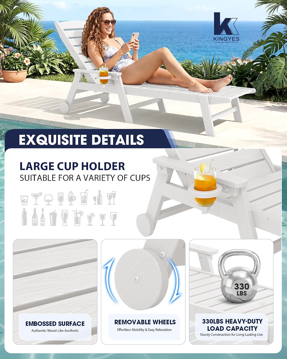 KINGYES HDPE Lounge Chair Outdoor Set of 2, Patio Chaise Lounge Recliner with Cup Holder All Weather Pool Lounger for Outside, White