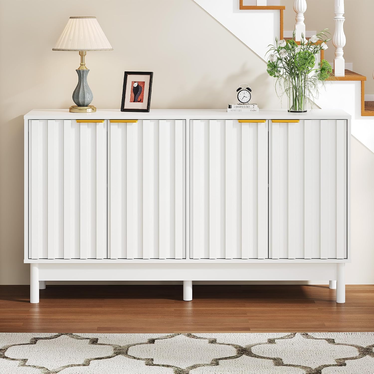RoyalCraft White Buffet Cabinet with Storage, 55" Fluted Sideboard Buffet Cabinet with 100lbs Load Capacity, Modern Coffee Bar Cabinet with Solid Legs & Adjustable Shelves for Dining Room, Kitchen