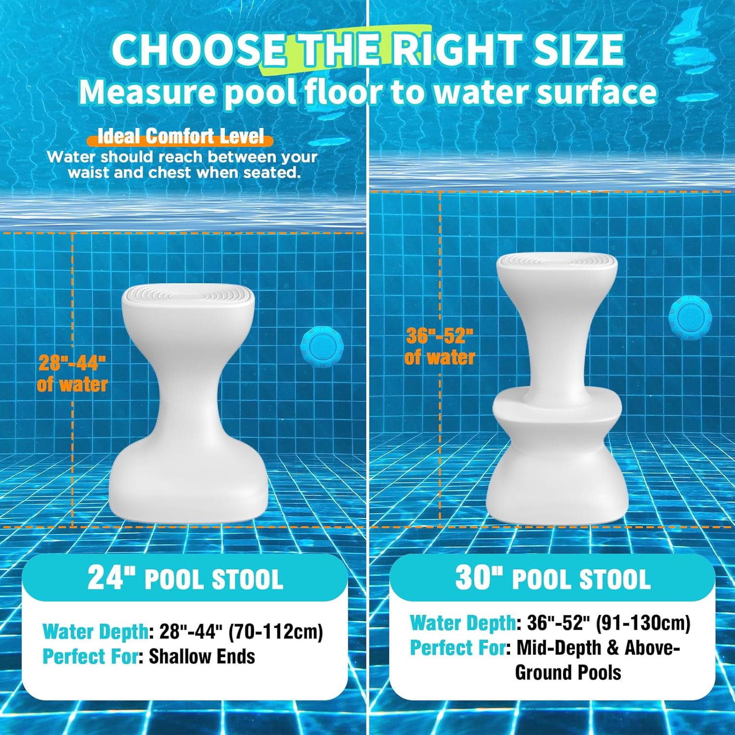 30" Pool stools for Underwater,Pre-Weighted Pool Stool with Adjustable Feet,Bar Seating Non-Float Design,Vinyl-Safe Pool Chairs for Inground Pools,Patio,Outdoor Poolside(1Stool)