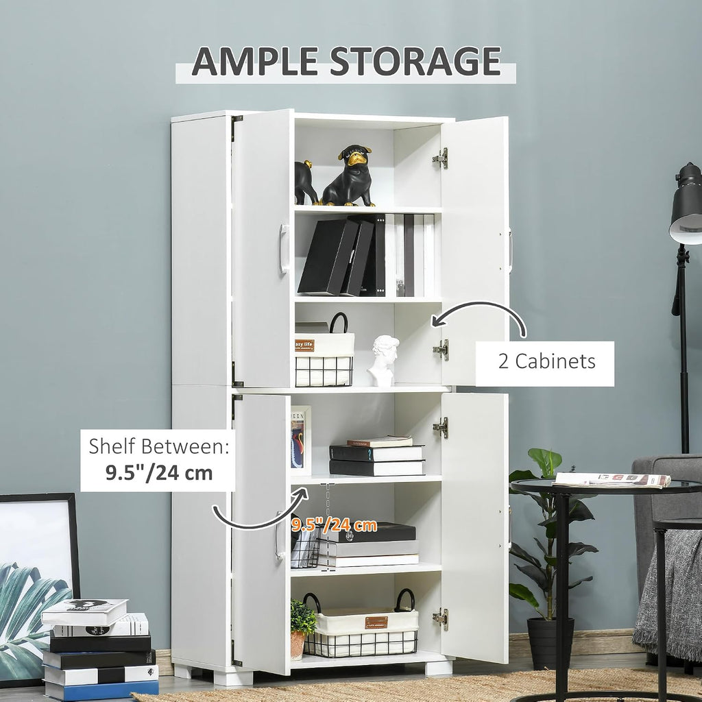 HOMCOM Industrial Kitchen Pantry Cabinet with 4 Doors and Storage Shelves, Freestanding Storage Cabinet, White