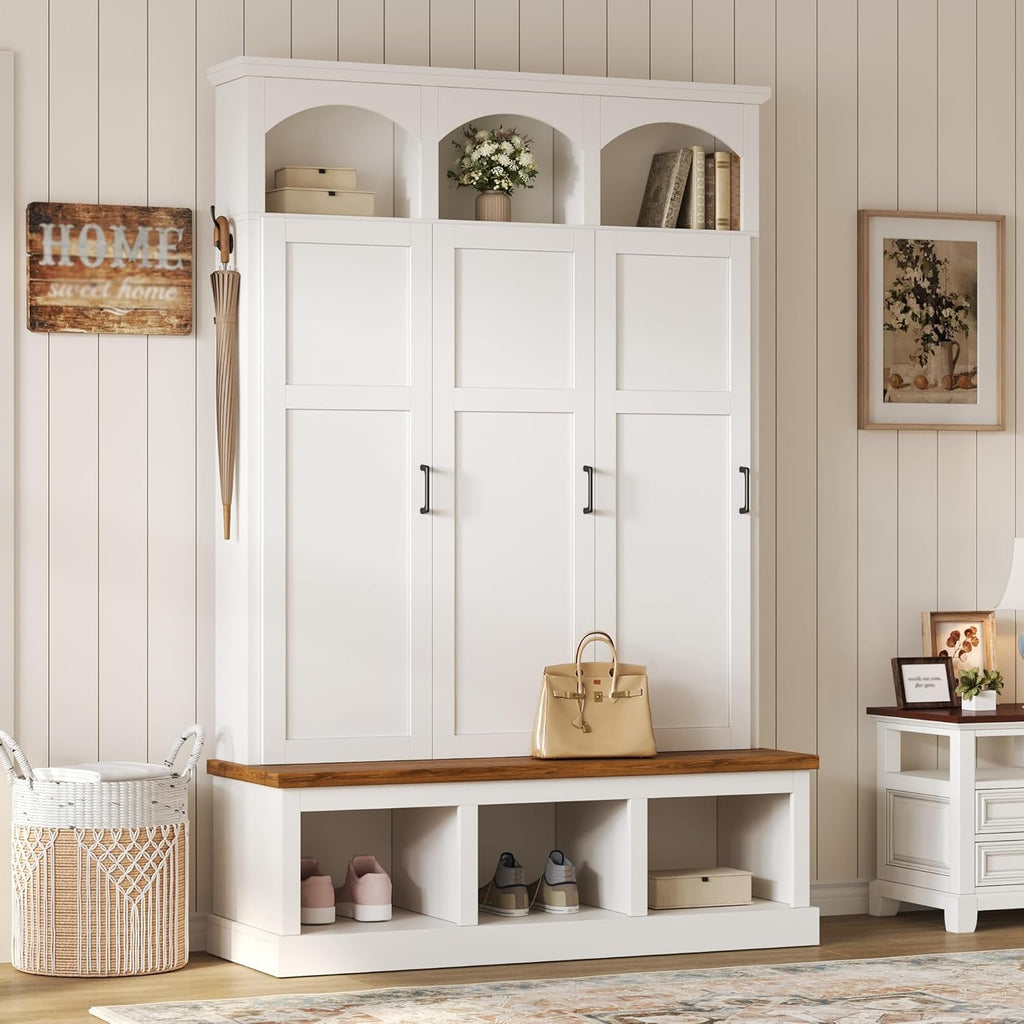 LUMISOL Farmhouse Hall Tree with 3 Hidden Storage for Hallway, Arched Design Mudroom Organizer with Walnut Bench, All-in-One Entryway Bench with Shoe Storage and 5 Hooks, White
