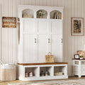 LUMISOL Farmhouse Hall Tree with 3 Hidden Storage for Hallway, Arched Design Mudroom Organizer with Walnut Bench, All-in-One Entryway Bench with Shoe Storage and 5 Hooks, White