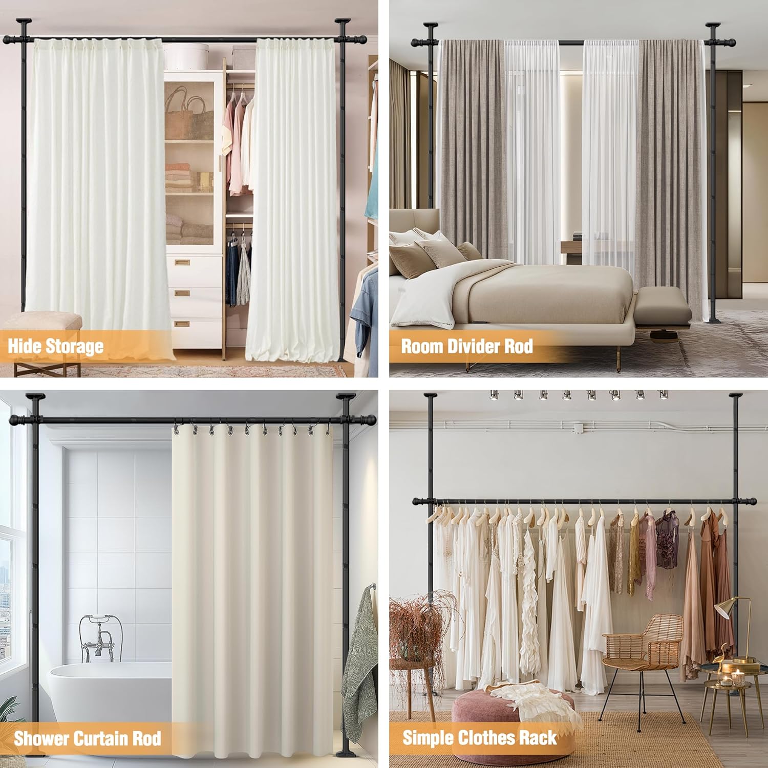 AKTOP Room Divider Curtain Rod, No Drilling Privacy Room Separator for Space Partition, 4-11ft(H) 28-117”(W) Adjustable Heavy Duty Floor to Ceiling Wall Divider Tension Rod for Room Separation, Black