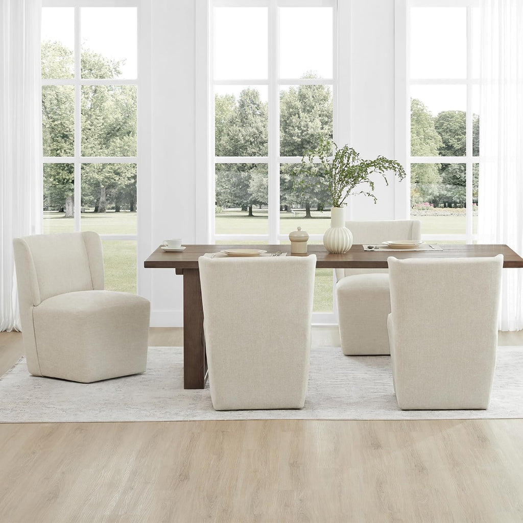 KISLOT Upholstered Dining Chairs Set of 4 with Casters, Wingback Modern Side Armless Deskchair with Rollers for Diningroom Bedroom Livingroom Reading Room, Cream Beige Fabric