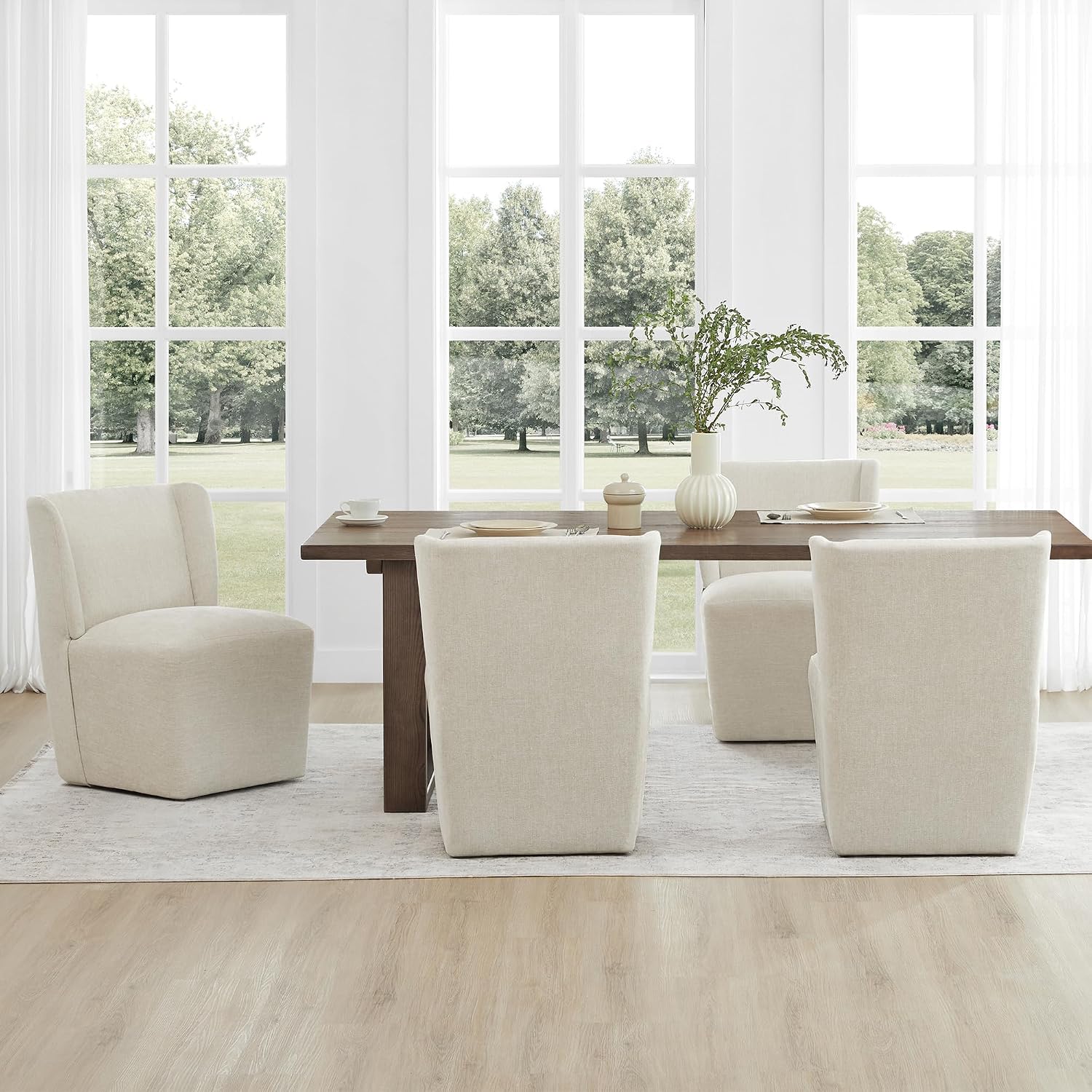 KISLOT Upholstered Dining Chairs Set of 4 with Casters, Wingback Modern Side Armless Deskchair with Rollers for Diningroom Bedroom Livingroom Reading Room, Cream Beige Fabric