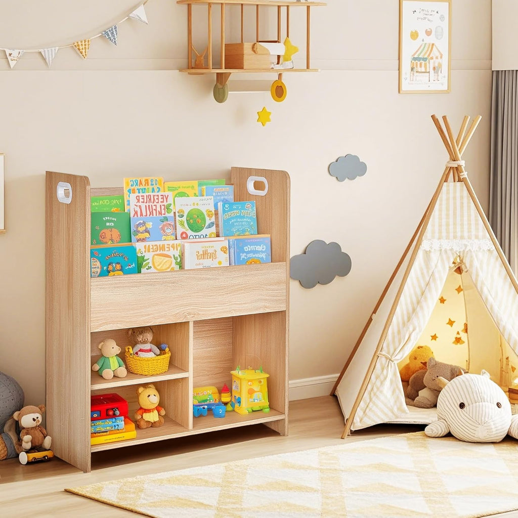 VECELO Wooden Kids Bookshelf, Toddler Bookcase Toy Storage Organizer with Open Shelves, Multi-Purpose Children Book Shelf for Books Toys, Toy Storage Cabinet for Nursery, Playroom, Bedroom, Natural