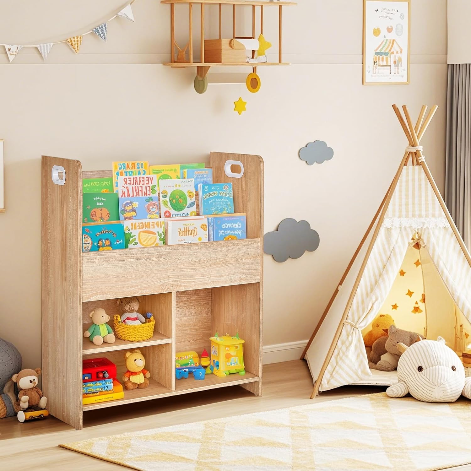 VECELO Wooden Kids Bookshelf, Toddler Bookcase Toy Storage Organizer with Open Shelves, Multi-Purpose Children Book Shelf for Books Toys, Toy Storage Cabinet for Nursery, Playroom, Bedroom, Natural