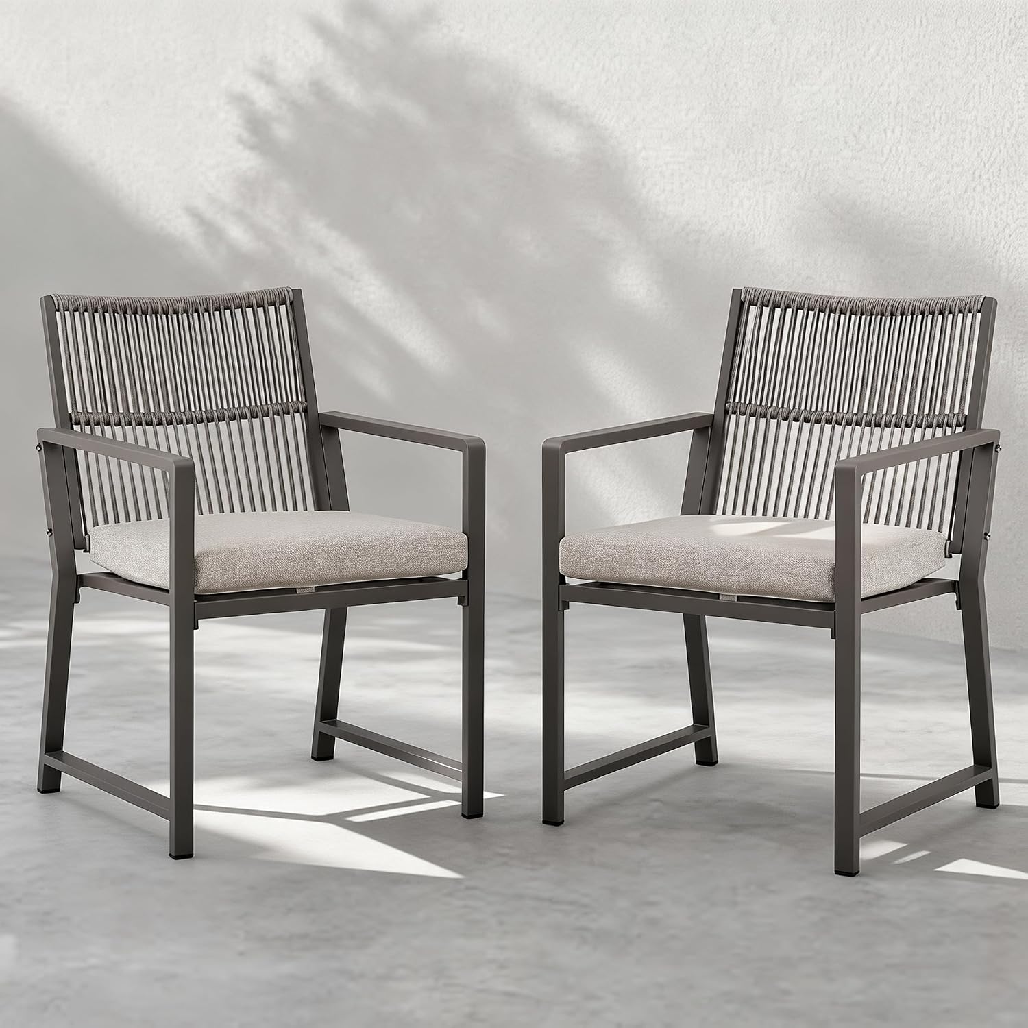 Outdoor Patio Dining Chair, All-Weather Woven Rope Outdoor Chairs Set of 2, Sturdy Iron Frame, 400 lbs, Ergonomic Backrest, Removable Breathable Cushion, for Patio & Garden, Light Brown