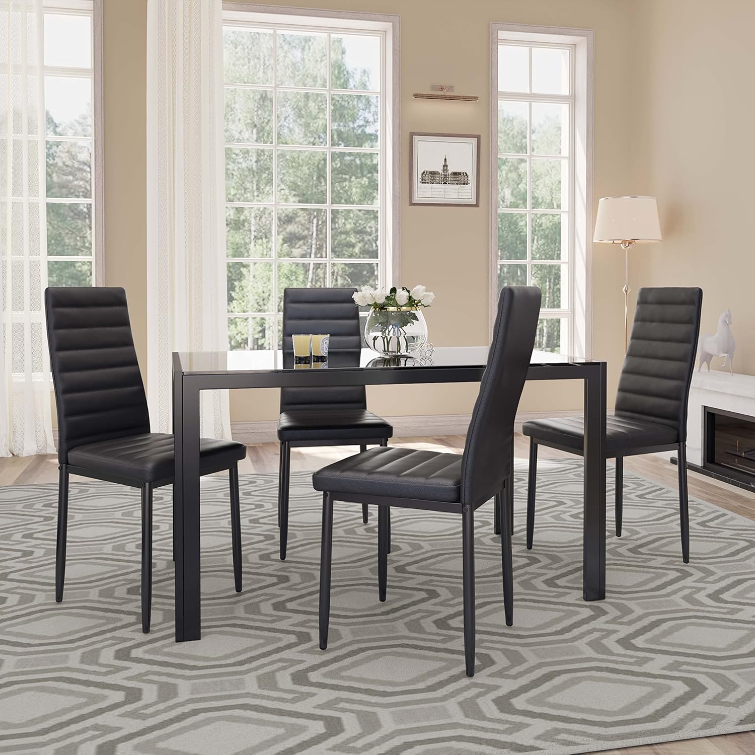 Gizoon 5 Piece Glass Dining Table Set, Kitchen and Chairs for 4, PU Leather Modern Room Sets for Home, Kitchen, Living Room