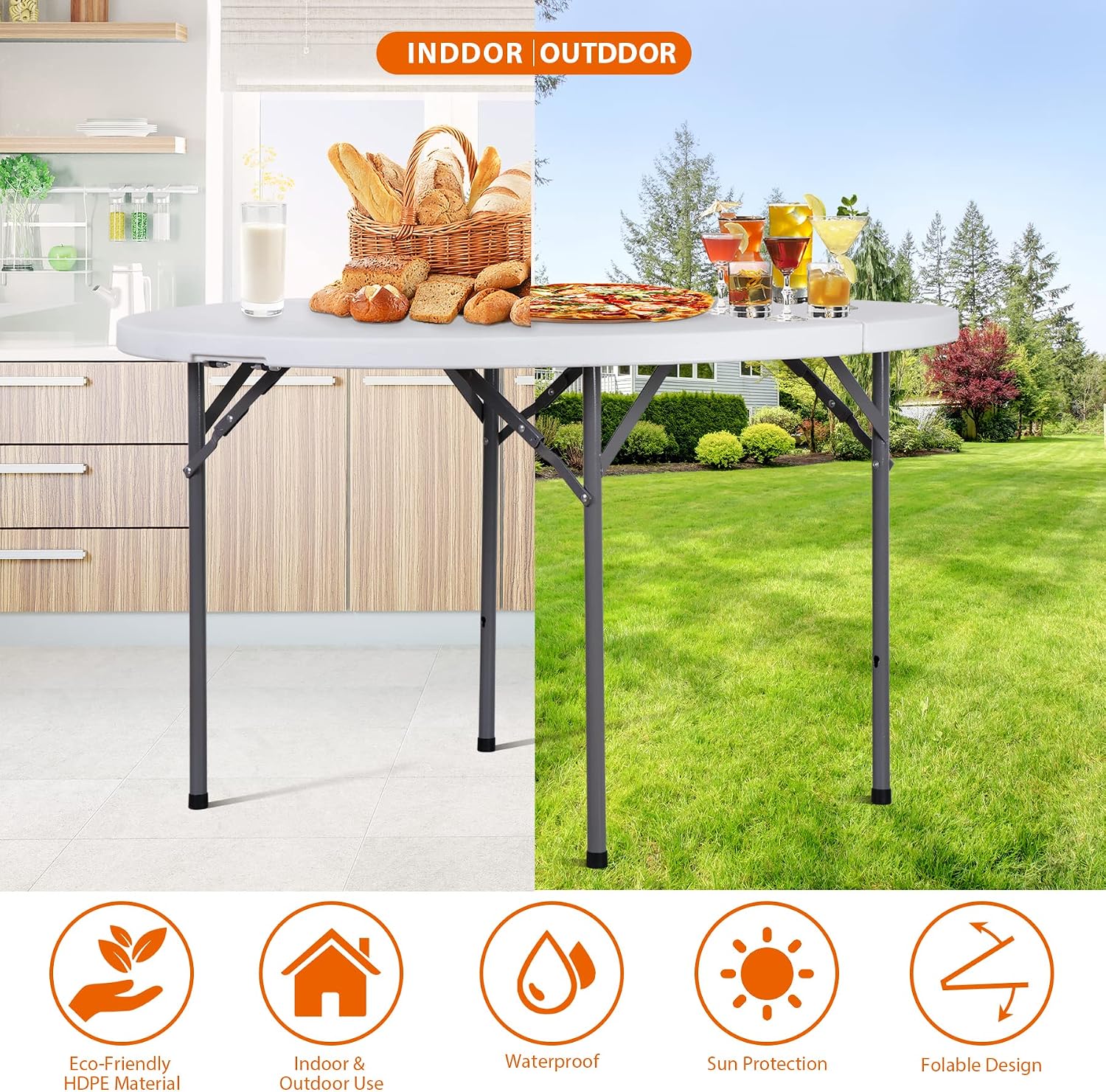 ZenStyle Folding Table, Indoor Outdoor Portable Plastic Dining Card Table Utility Table for Camping Dining Event Party, White (Round, 48"x48")
