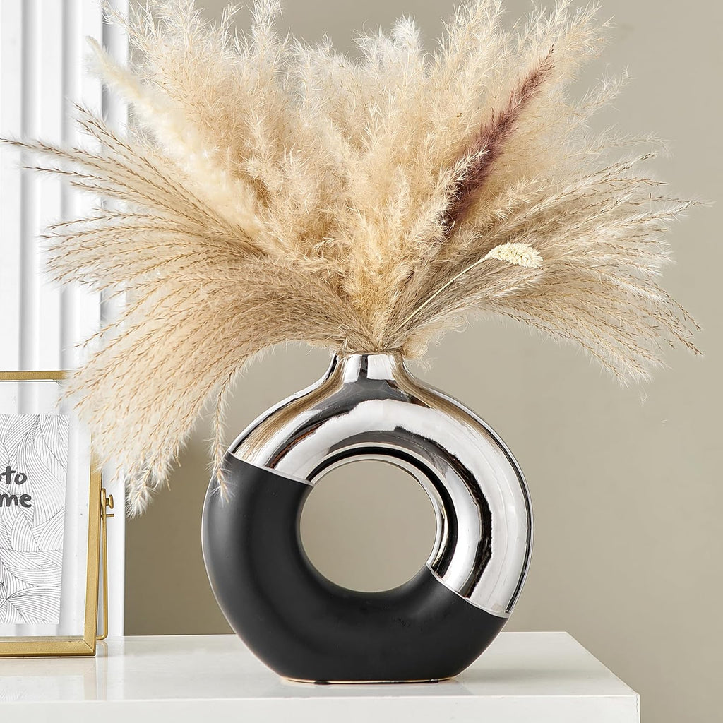 Ceramic Donut Vase, 8" L x 8" H Black and Silver Vase for Pampas Grass, Modern Round Vases for Silver Decor, Ceramic Vase Centerpieces for Wedding, Bedroom, Living Room, Coffee Table, Entryway, Office