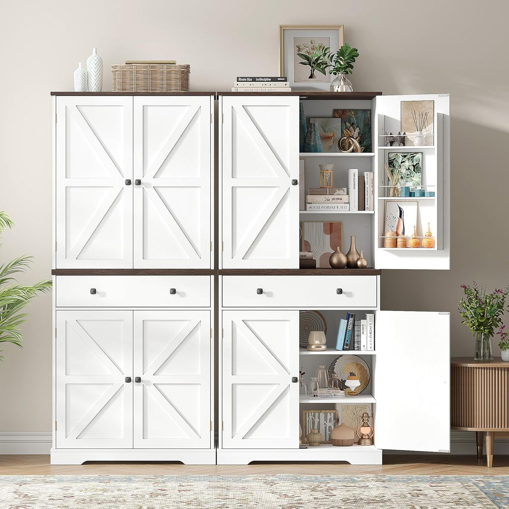 ONBRILL 71" Tall Farmhouse Kitchen Pantry Cabinet with 6 Door Shelves & Drawer, Wood Pantry Storage Cabinet with 2 Adjustable Shelves & 4 Barn Doors, Freestanding Cupboard for Kitchen, Dining Room