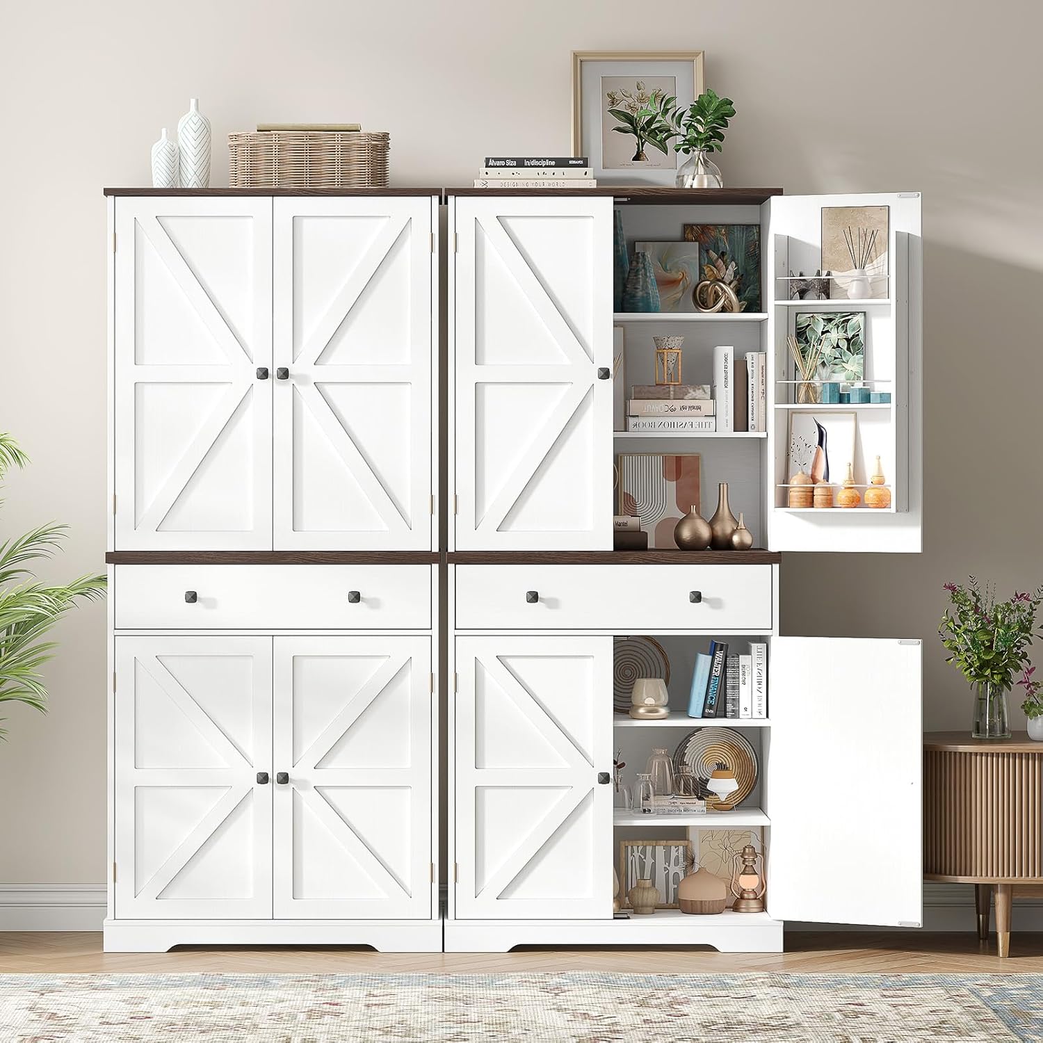 ONBRILL 71" Tall Farmhouse Kitchen Pantry Cabinet with 6 Door Shelves & Drawer, Wood Pantry Storage Cabinet with 2 Adjustable Shelves & 4 Barn Doors, Freestanding Cupboard for Kitchen, Dining Room