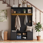 Hall Tree with LED Light, Coat Rack with Storage Bench, Modern Freestanding Entryway Organizer with Shoe Cabinet, Hallway Storage Bench with 5 Hooks, Open Shelves and Fluted Doors, Black