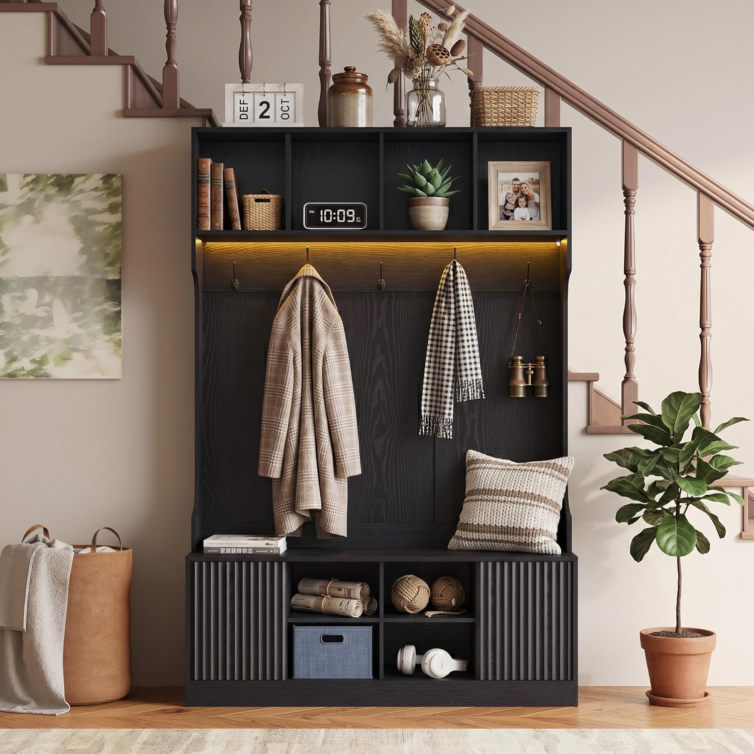 Hall Tree with LED Light, Coat Rack with Storage Bench, Modern Freestanding Entryway Organizer with Shoe Cabinet, Hallway Storage Bench with 5 Hooks, Open Shelves and Fluted Doors, Black