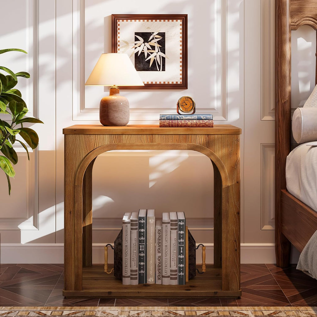 Tribesigns Arched Side Table, 2-Tier Farmhouse Solid Wood End Table with Bottom Shelf, Wooden Night Stand for Living Room, Bedroom, Rustic Brown