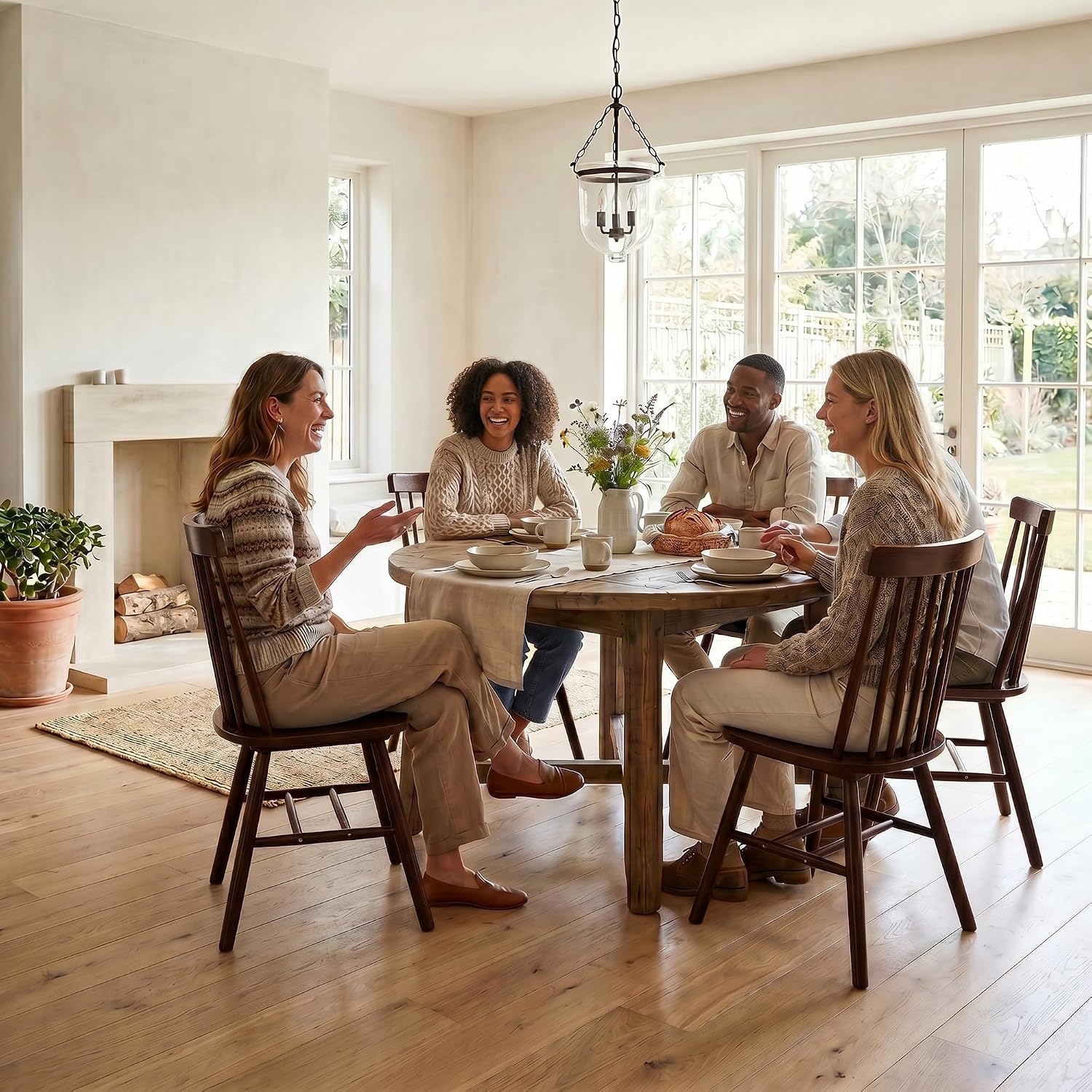 AreShark Brown Dining Chairs Set of 6, Farmhouse Wooden Windsor Dining Room Chairs, Solid Wood Spindle Back Kitchen Chairs