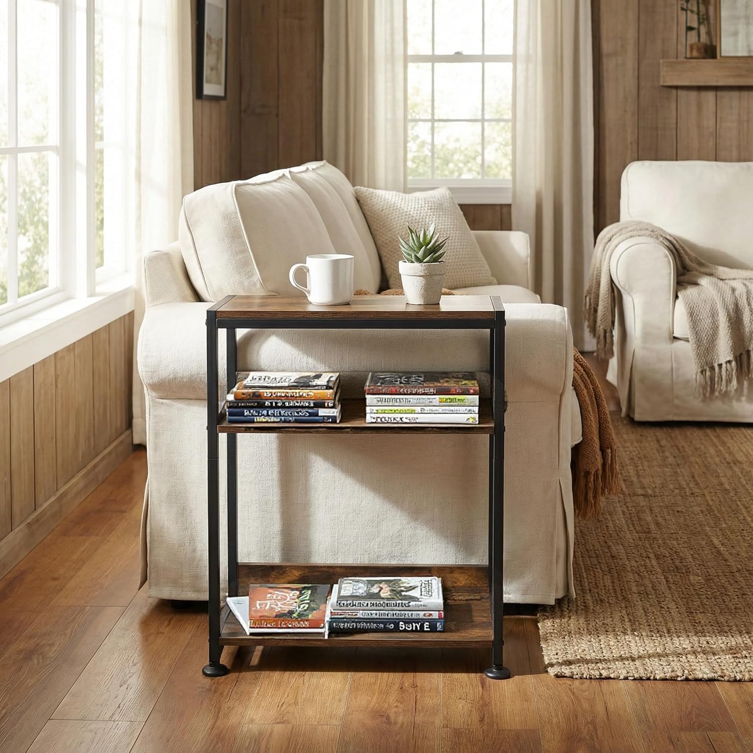 Seydrey 3 Tier End Table with Fabric Drawer, Small Side Table for Small Space, Sofa Table with Storage Shelf for Living Room, Bedroom, Black (Brown)