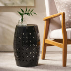 12" Weather Resistant Side Table, End Table with Metal Craft, Accent Table with Cutout Pattern for Indoor Outdoor Living Spaces, Black