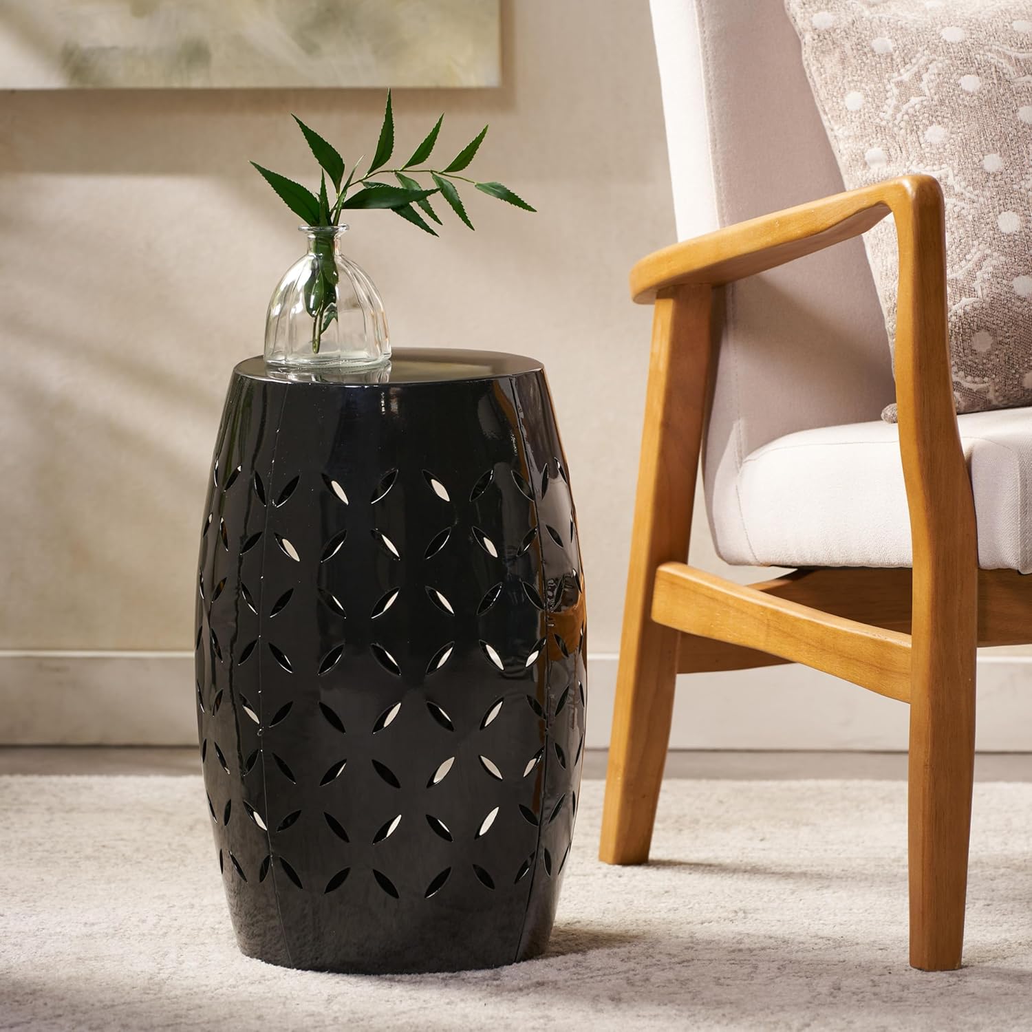 12" Weather Resistant Side Table, End Table with Metal Craft, Accent Table with Cutout Pattern for Indoor Outdoor Living Spaces, Black