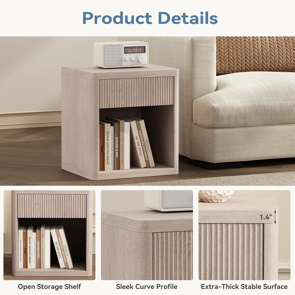 OLIXIS Set of 2 Modern Nightstand, 22.7" Fluted Drawer Wood Bedside Table | Compact white oak nightstand with drawer & open shelf, sturdy multi-use end table for bedroom, sofa side table, entryway