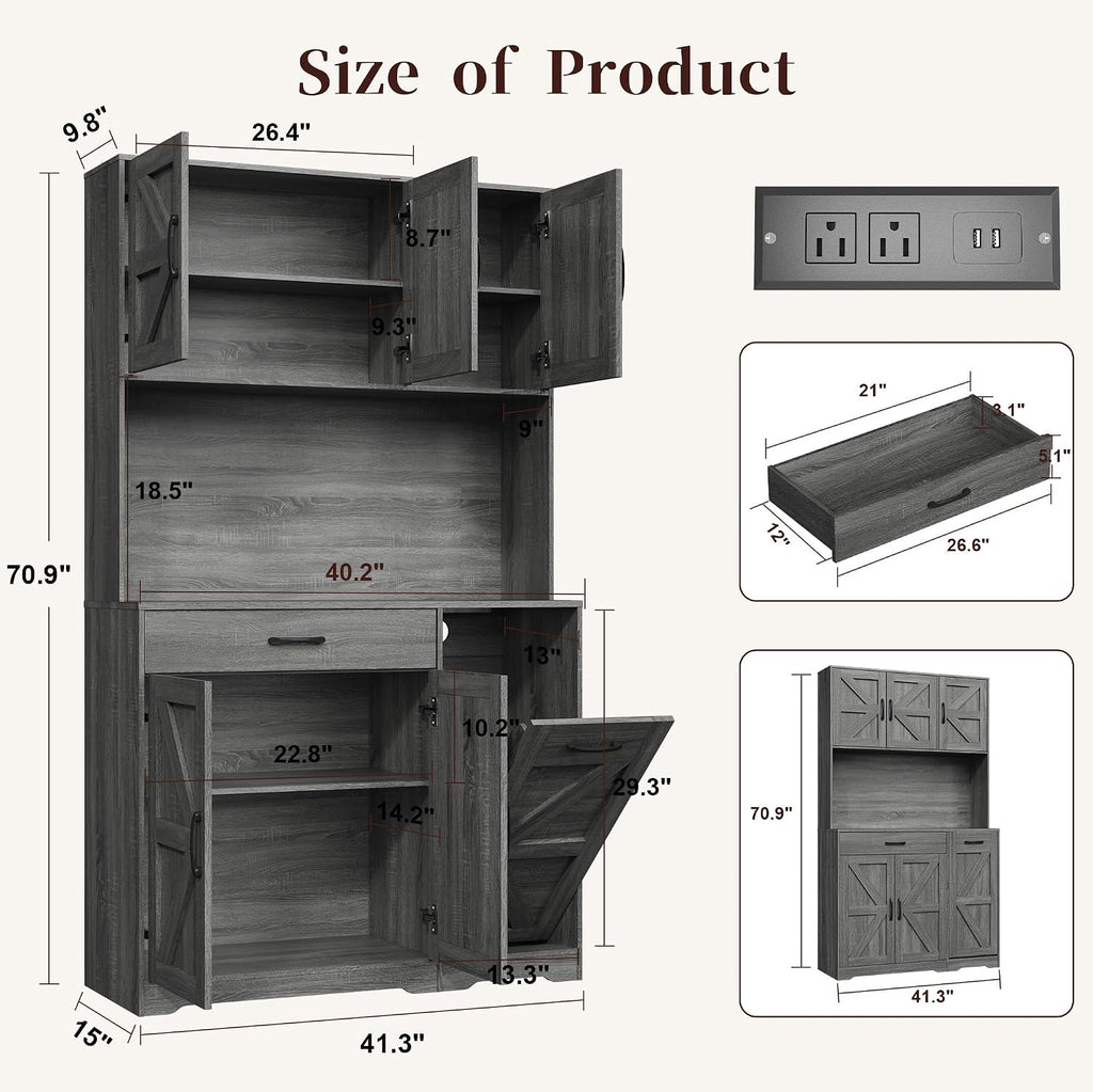 71" H Kitchen Trash Cabinet, 47" Wide Pantry Hutch with Double 12 Gallon Pull Out Trash Bin Holders, Hidden Garbage Storage for Kitchen Dining Room, Gray