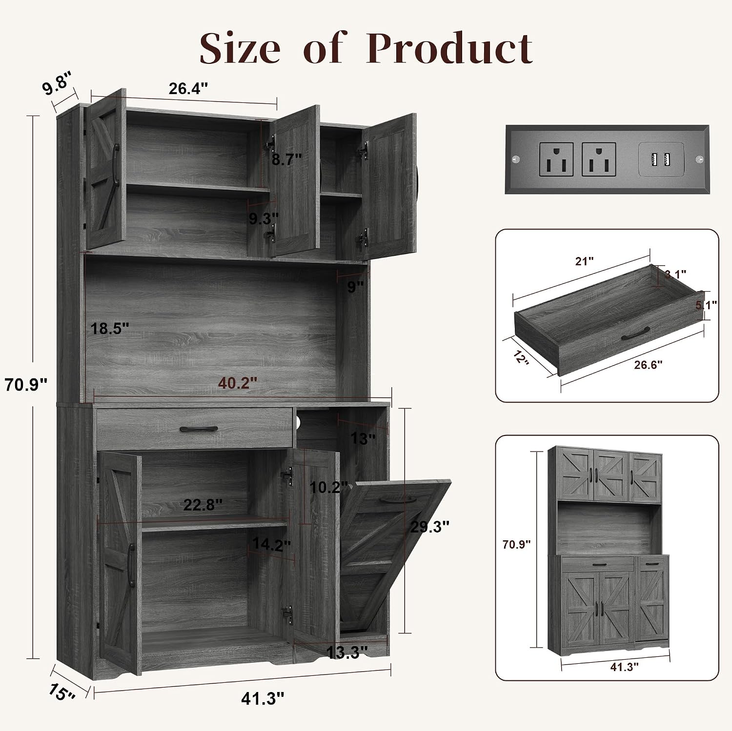 71" H Kitchen Trash Cabinet, 47" Wide Pantry Hutch with Double 12 Gallon Pull Out Trash Bin Holders, Hidden Garbage Storage for Kitchen Dining Room, Gray
