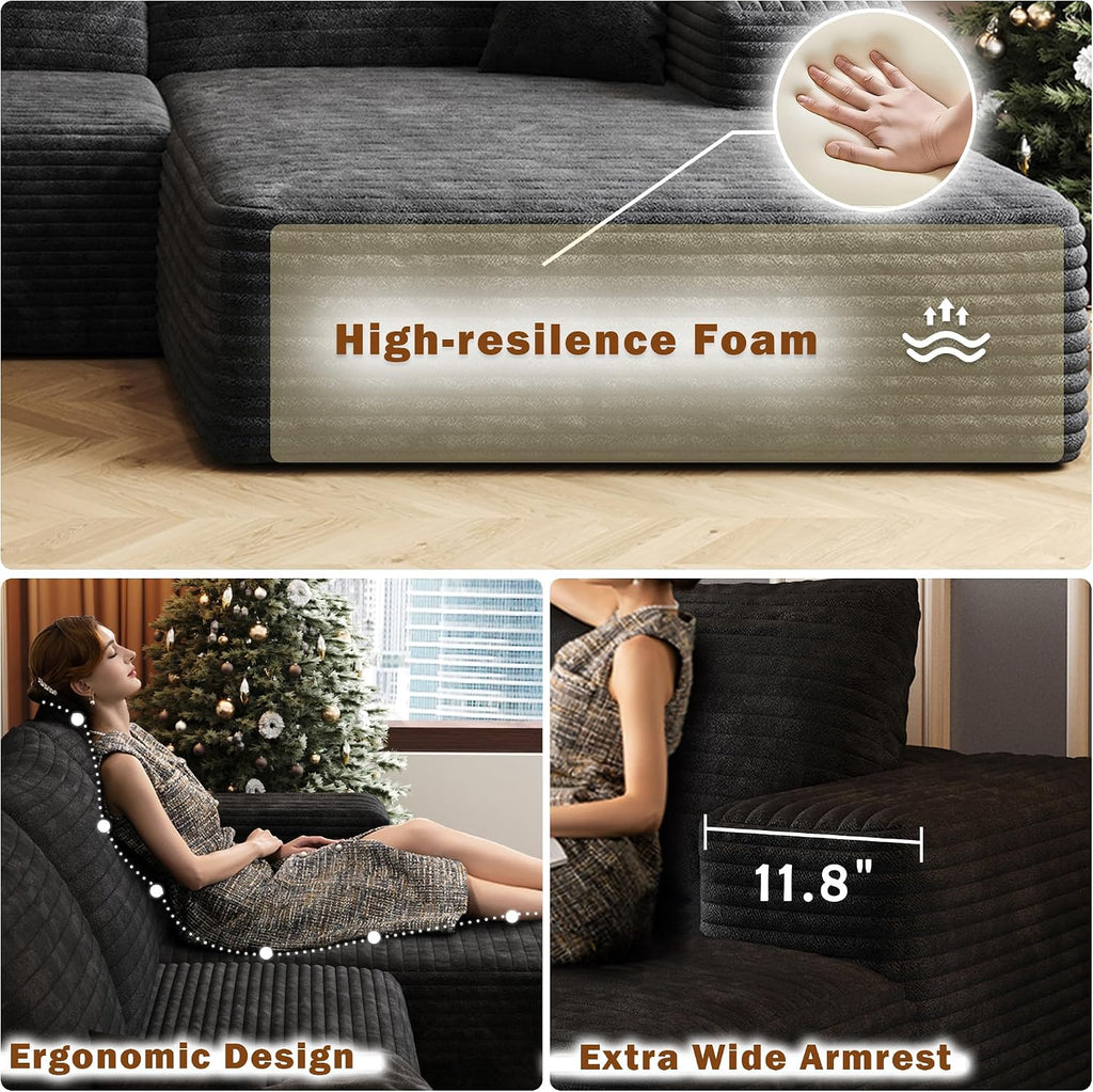 107" W Corduroy Sectional Boneless Cloud Couch with Chaise & Ottoman, No Assembly Required, U Shaped Modular Sectional Sofa, Cozy Fluffy Sofa for Living Room (Black, Left Facing Chaise+Ottoman)