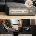 107" W Corduroy Sectional Boneless Cloud Couch with Chaise & Ottoman, No Assembly Required, U Shaped Modular Sectional Sofa, Cozy Fluffy Sofa for Living Room (Black, Left Facing Chaise+Ottoman)