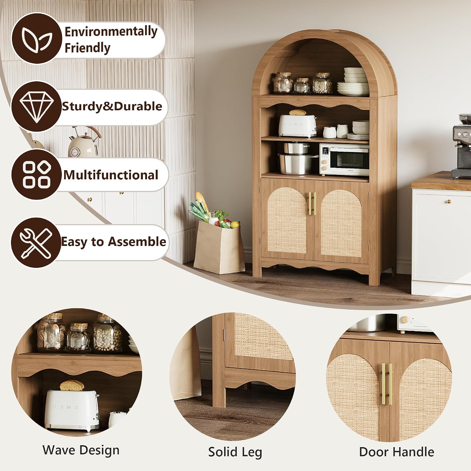 LINLUX 63" Arched Kitchen Pantry Cabinet, Arched Cabinet with Rattan Doors & Adjustable Shelves, Versatile Cupboard Arch Cabinets for Kitchen Storage, Dinning Room, Living Room, Entryway, Natural