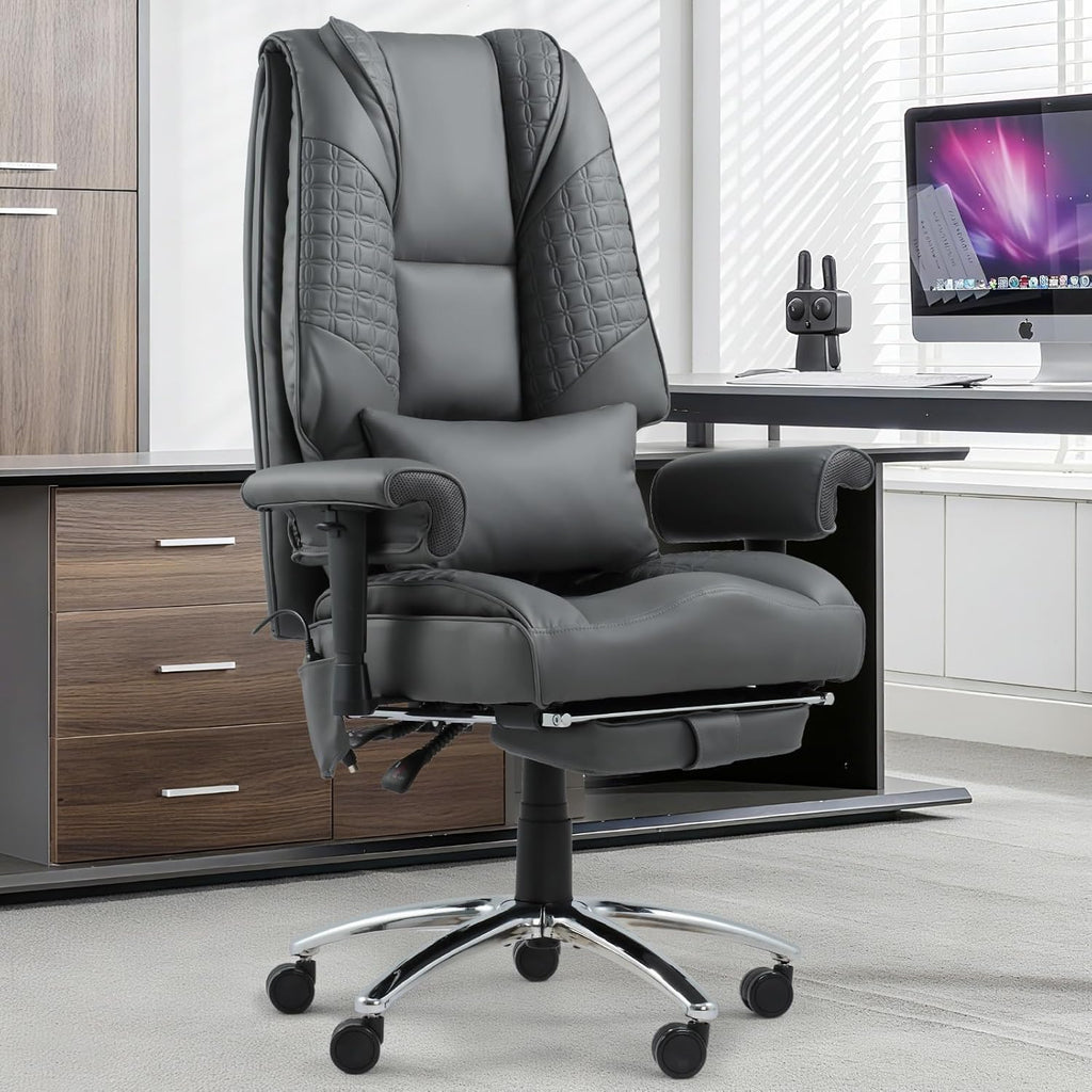 Massage & Heated Office Chair with Foot Rest, Ergonomic Executive Office Chair with Reclining Backrest, Adjustable Arms & Lumbar Support, High Back Leather Desk Chairs for Home Office, Gray