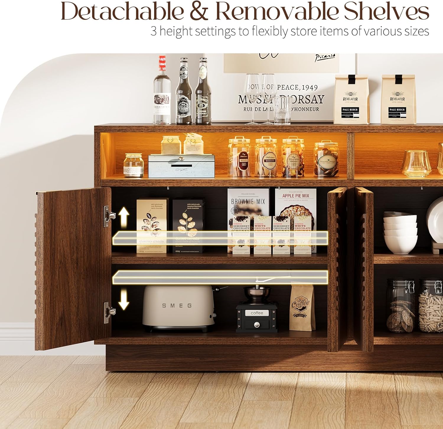 Modern Sideboard Buffet Cabinet with Storage - 58" Fluted Credenza Strorage Cabinet with LED Light & Power Outlet, Adjustable Shelf, Accent Console Table Coffee Bar for Kitchen Living Room