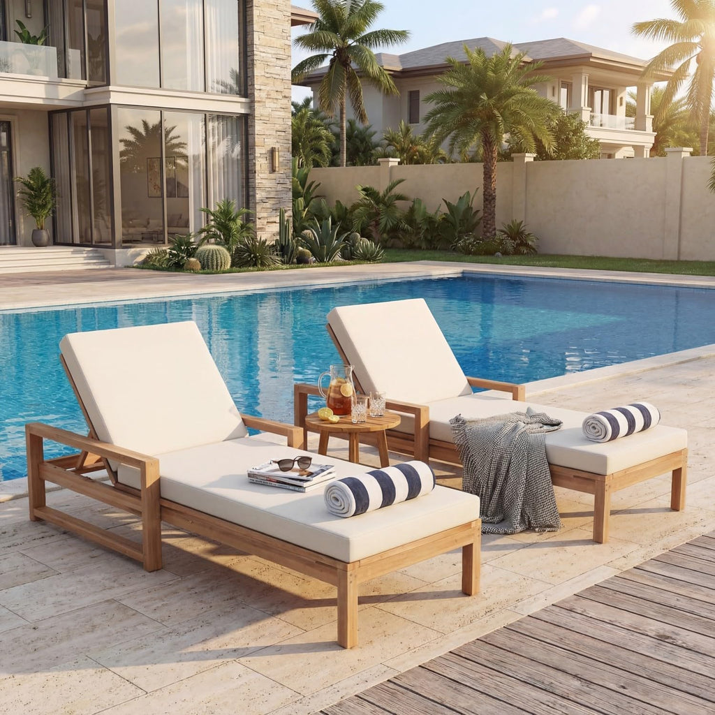 Outdoor Chaise Lounge Chair Set of 2, Patio Chaise Lounge Recliner with Adjustable Backrest, Acacia Wood Poolside Chaise Lounge with Thick All-Weather Cushions for Patio, Deck and Backyard(B)