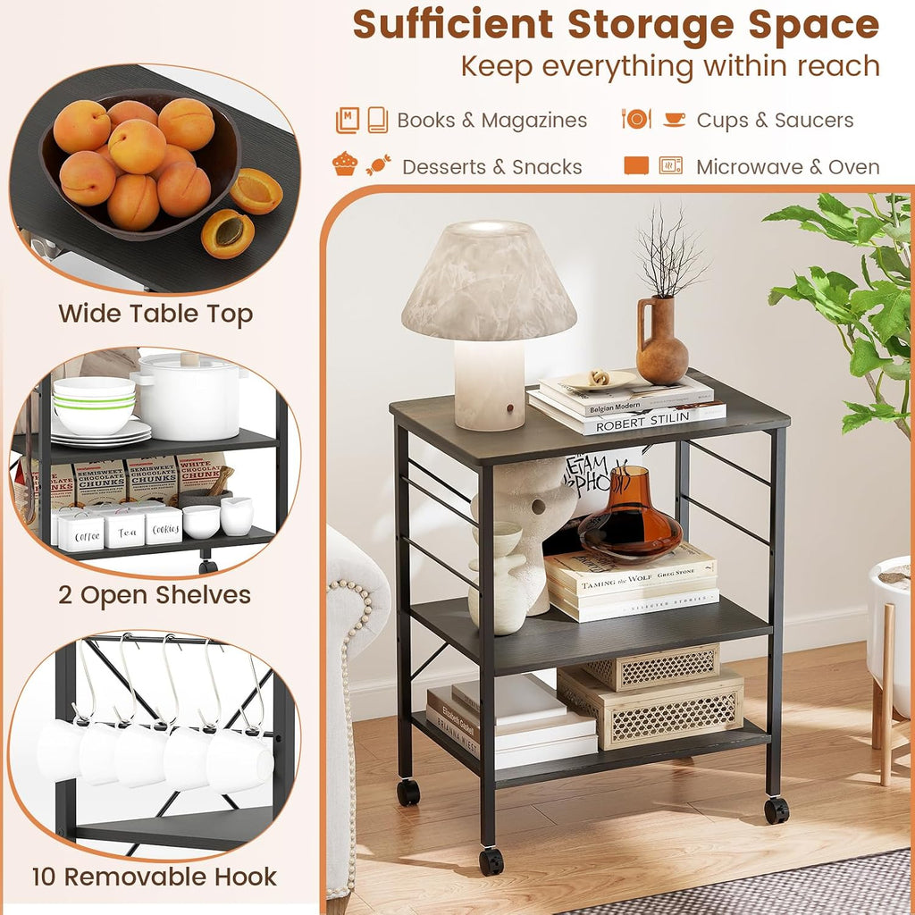 Giantex Kitchen Bakers Rack 3-Tier Microwave Cart on Wheels, Industrial Utility Bar Cart with 10 Hooks Metal Frame Wood Storage Shelves, Rolling Microwave Stand