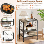 Giantex Kitchen Bakers Rack 3-Tier Microwave Cart on Wheels, Industrial Utility Bar Cart with 10 Hooks Metal Frame Wood Storage Shelves, Rolling Microwave Stand