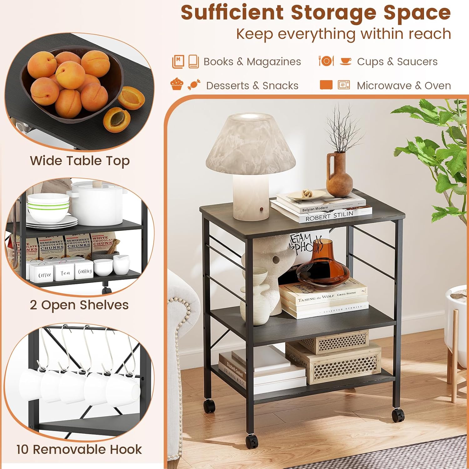 Giantex Kitchen Bakers Rack 3-Tier Microwave Cart on Wheels, Industrial Utility Bar Cart with 10 Hooks Metal Frame Wood Storage Shelves, Rolling Microwave Stand